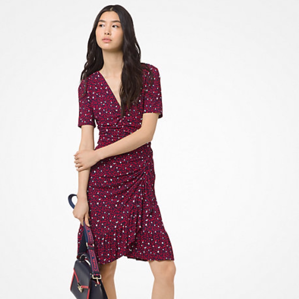 Michael Kors Heart Print Ruched Matte Jersey Dress